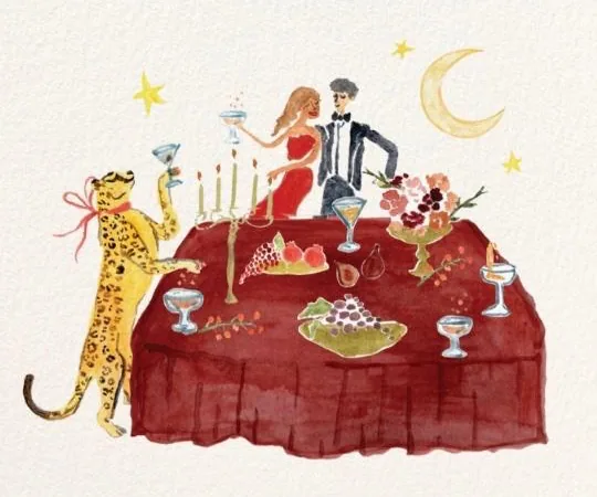 Illustrazione ad acquerello di una tavola nuziale con un leopardo, una coppia che brinda e una luna crescente